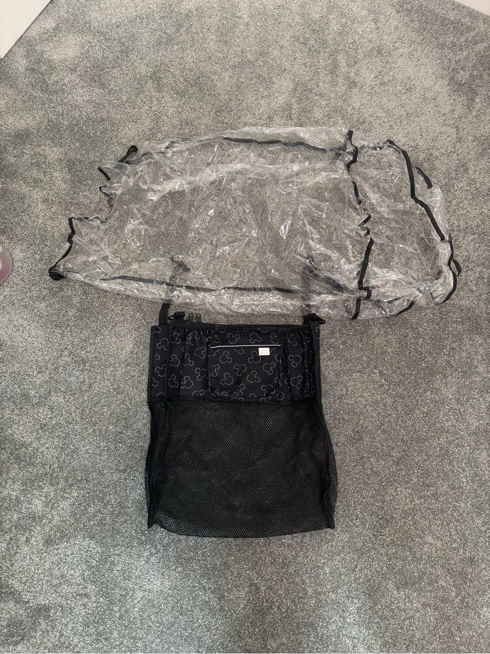 Single stroller Disney caddy/storage pouch and single stroller rain cover